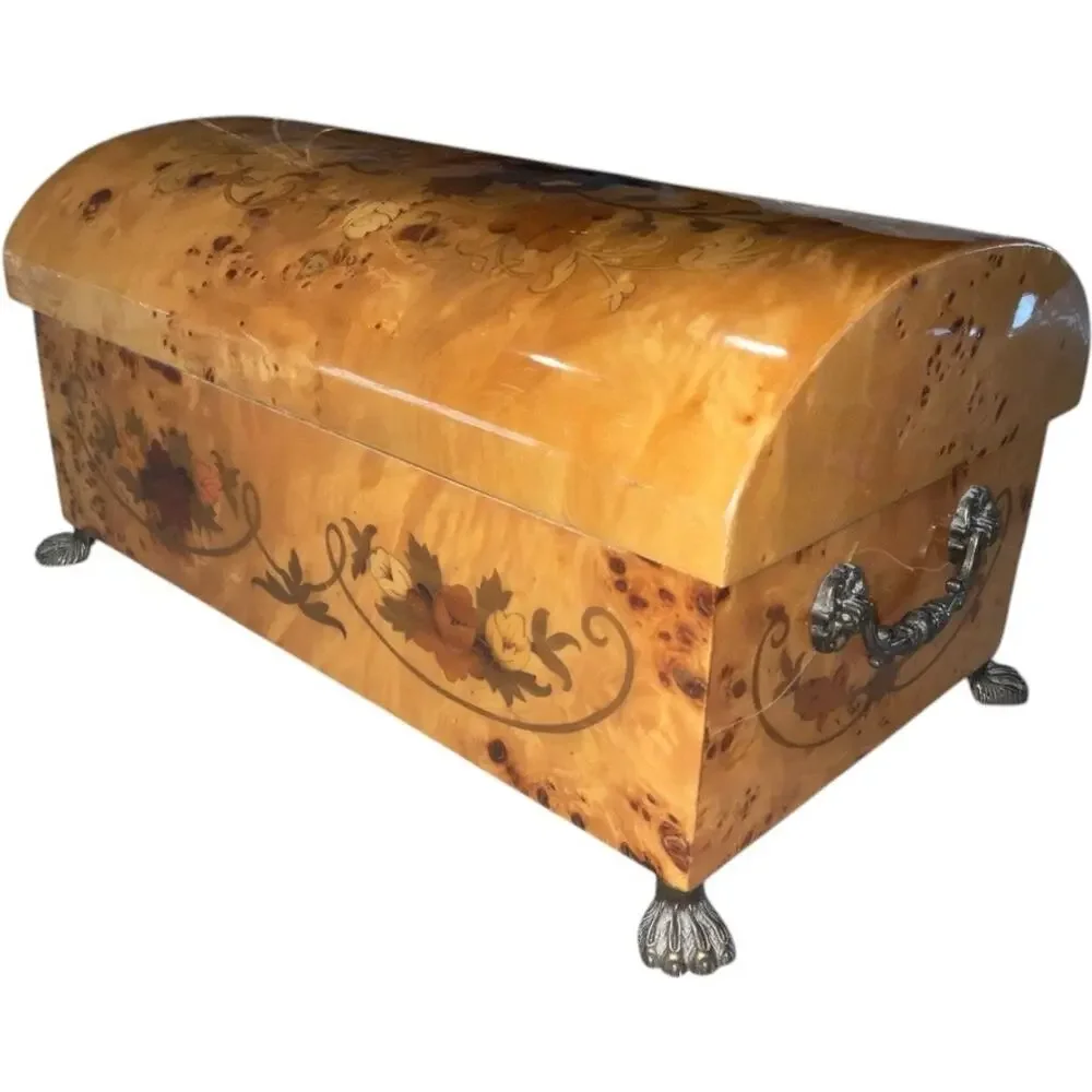 Pristine Italian Inlayed Wood Music Box 2 Level Jewelry Box Plays Isle Of Capri